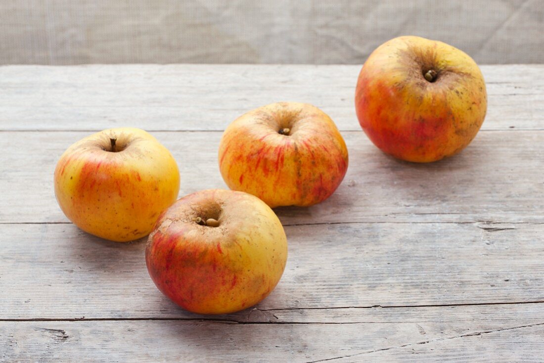 Vier Bio-Äpfel der Sorte Jakob Lebel auf Holzuntergrund