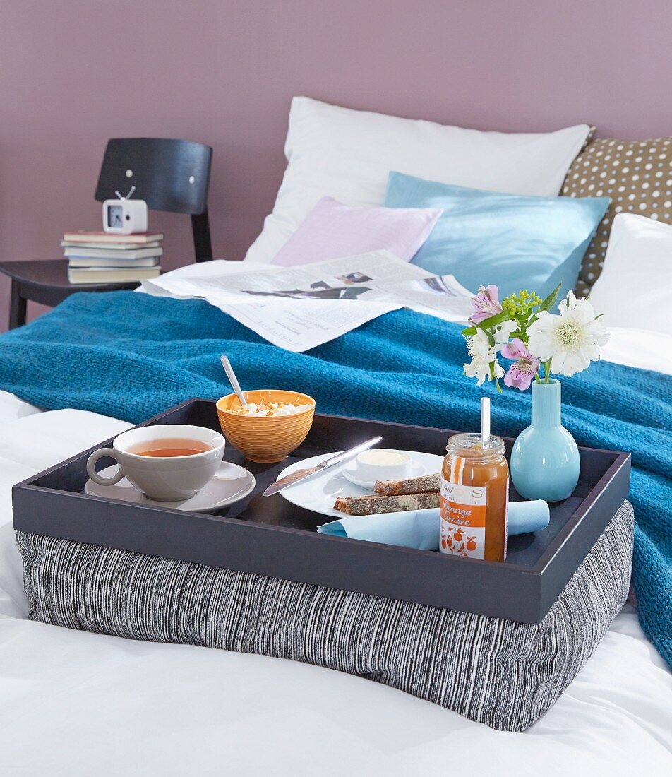 Breakfast in bed on a homemade padded tray