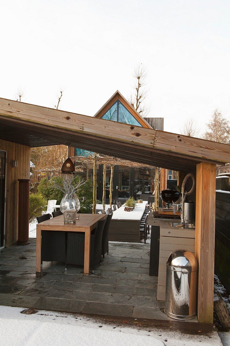 Wintery atmosphere on roofed terrace