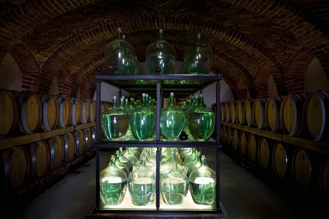 Bottles and barrels of vinegar in a cellar