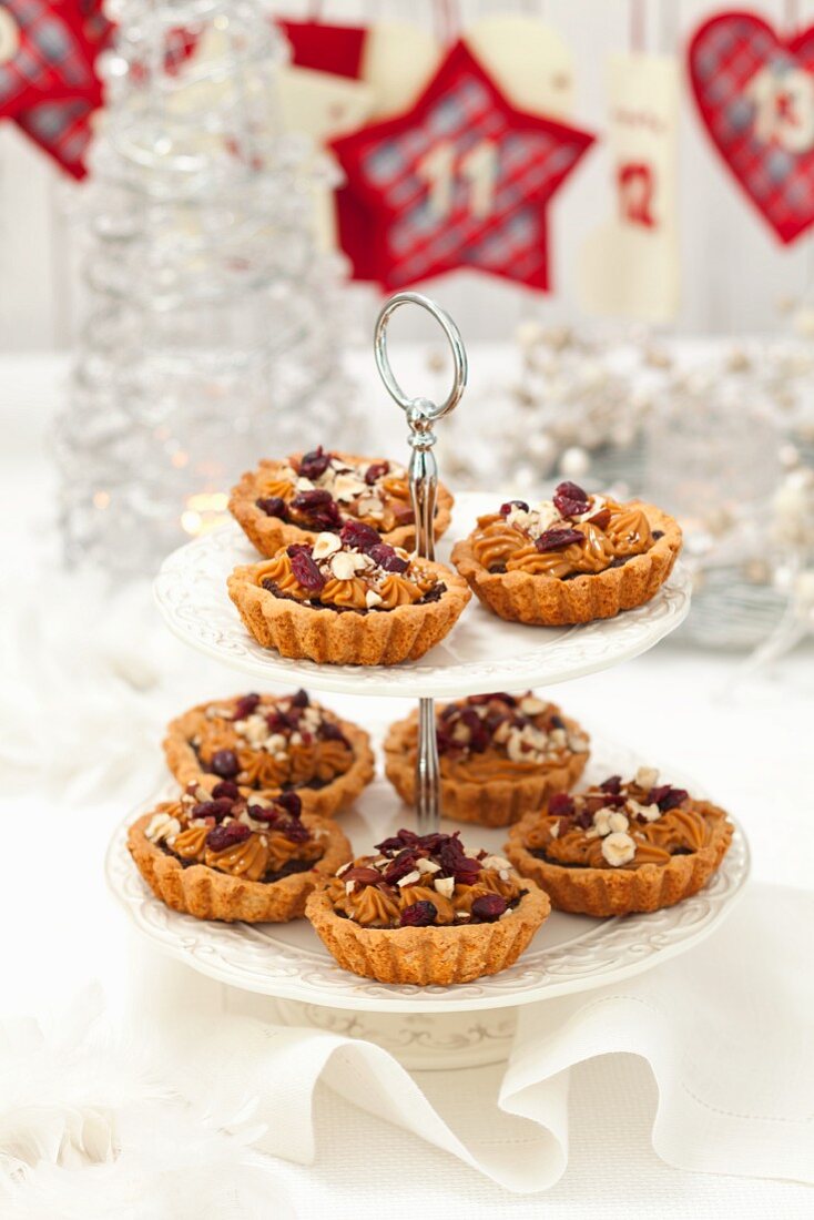 Christmas tartlets with poppyseeds, caramel cream, hazelnuts and cranberries