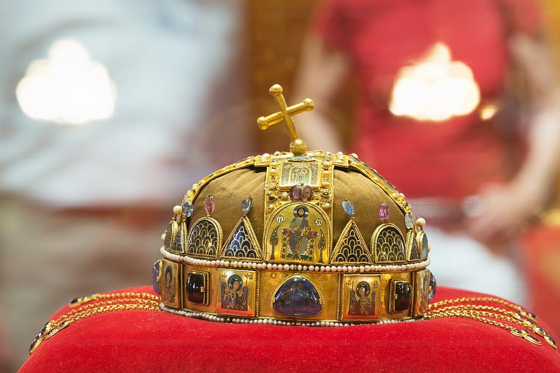 The Crown of Saint Stephen or the Holy Crown of Hungary in the Hungarian parliament building, Budapest
