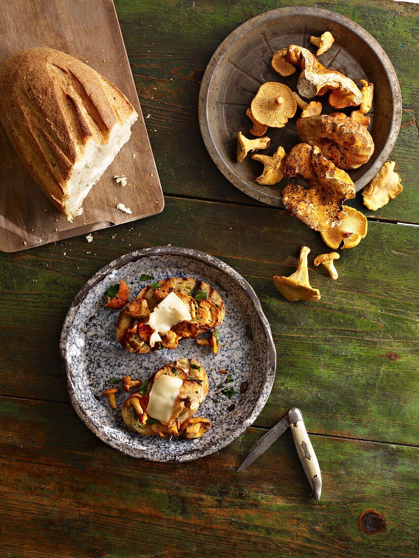 Crostini with chanterelle mushrooms and taleggio cheese