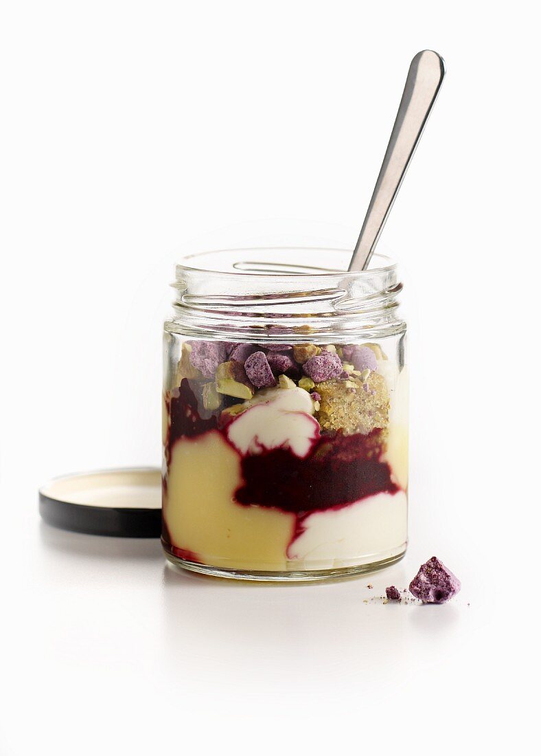 Lemon and blackberry trifle in a jar