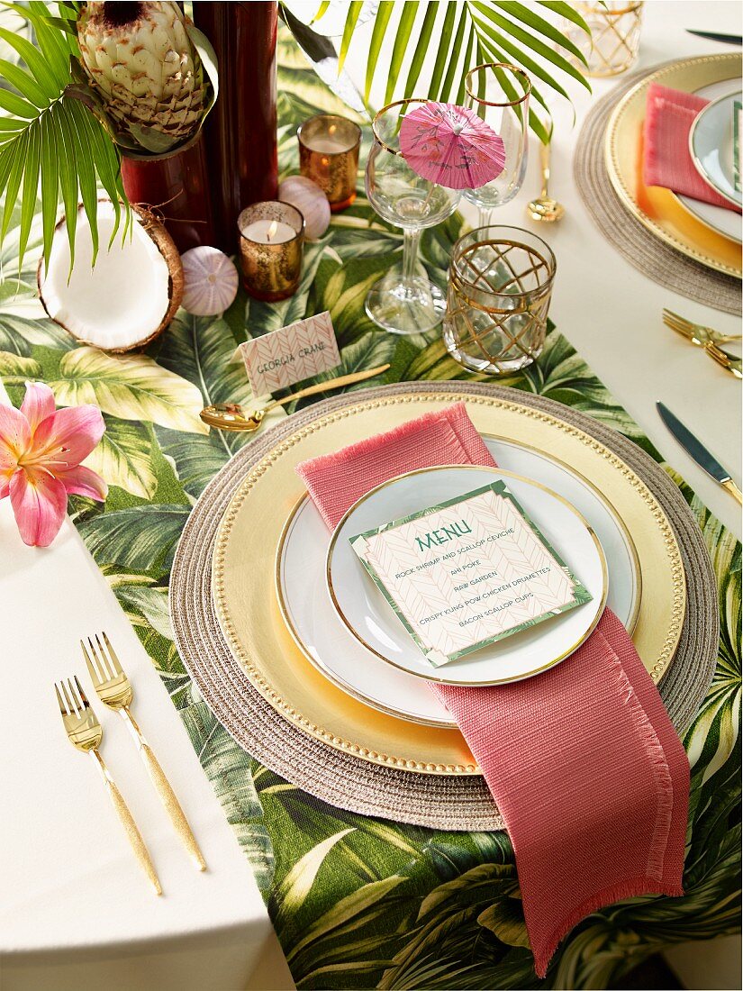 A place setting with a menu on an exotically laid table