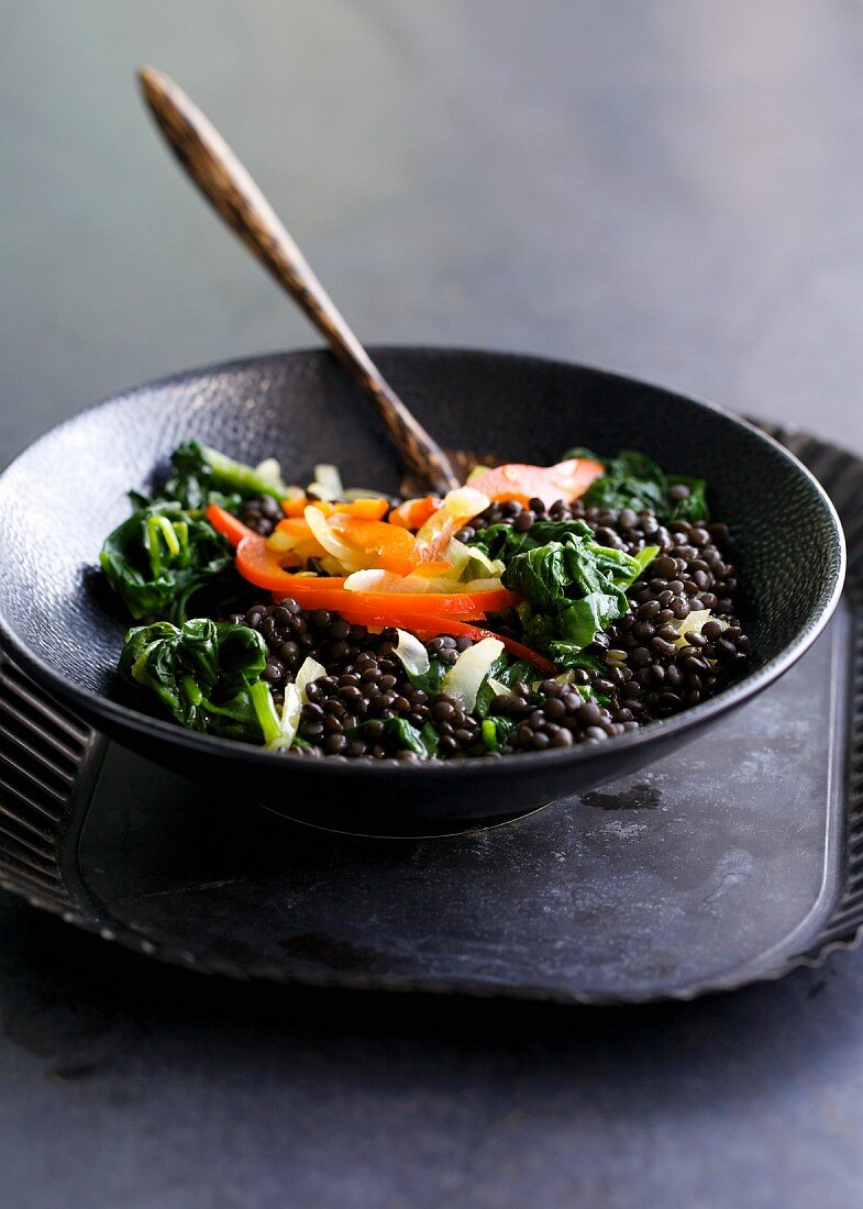 Beluga lentils with spinach