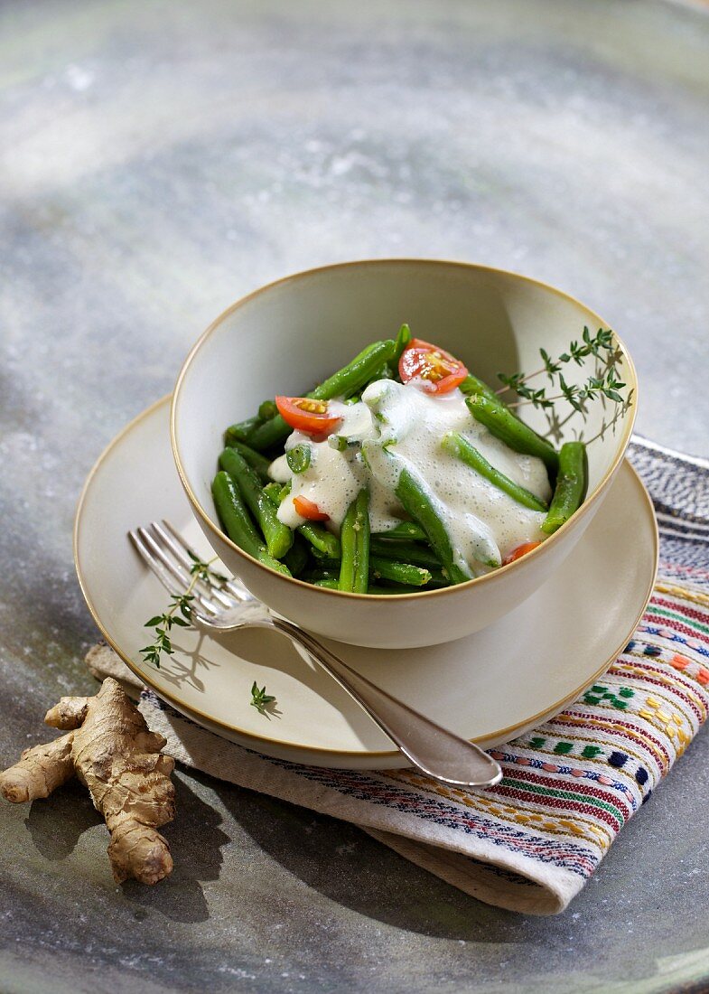 Green beans with ginger foam