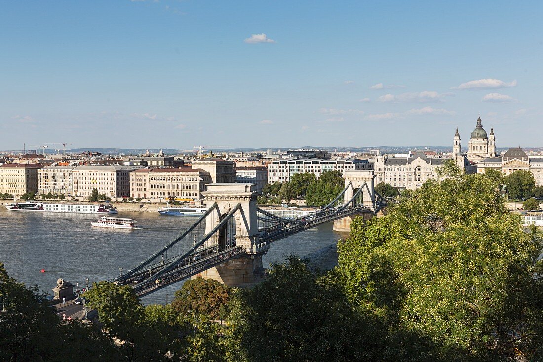A view of the Chain Bridge, the first solid bridge between Buda and Pest, Hungary