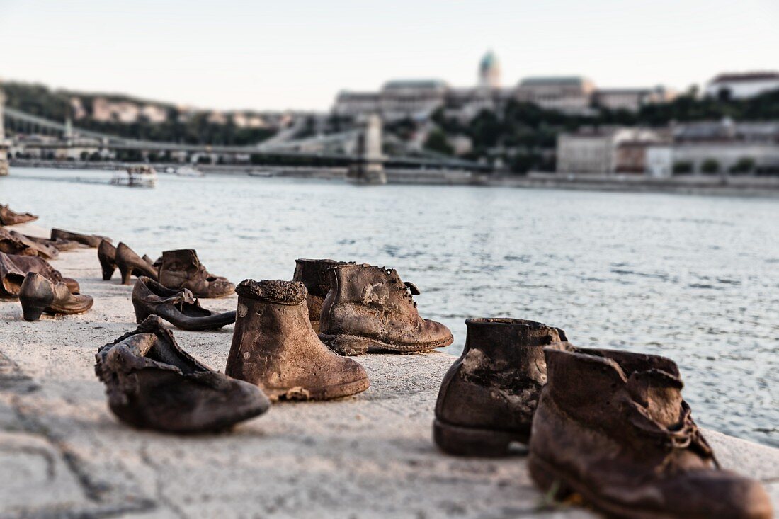 Shoe memorial in front on the parliament building on the bank of the Danube, Budapest