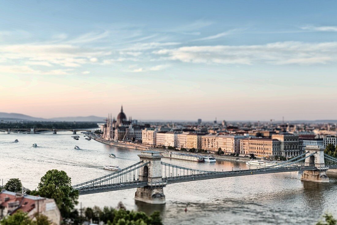 A view of the Danube with the Chain Bridge and the parliament building from Buda Castle, Budapest, Hungary