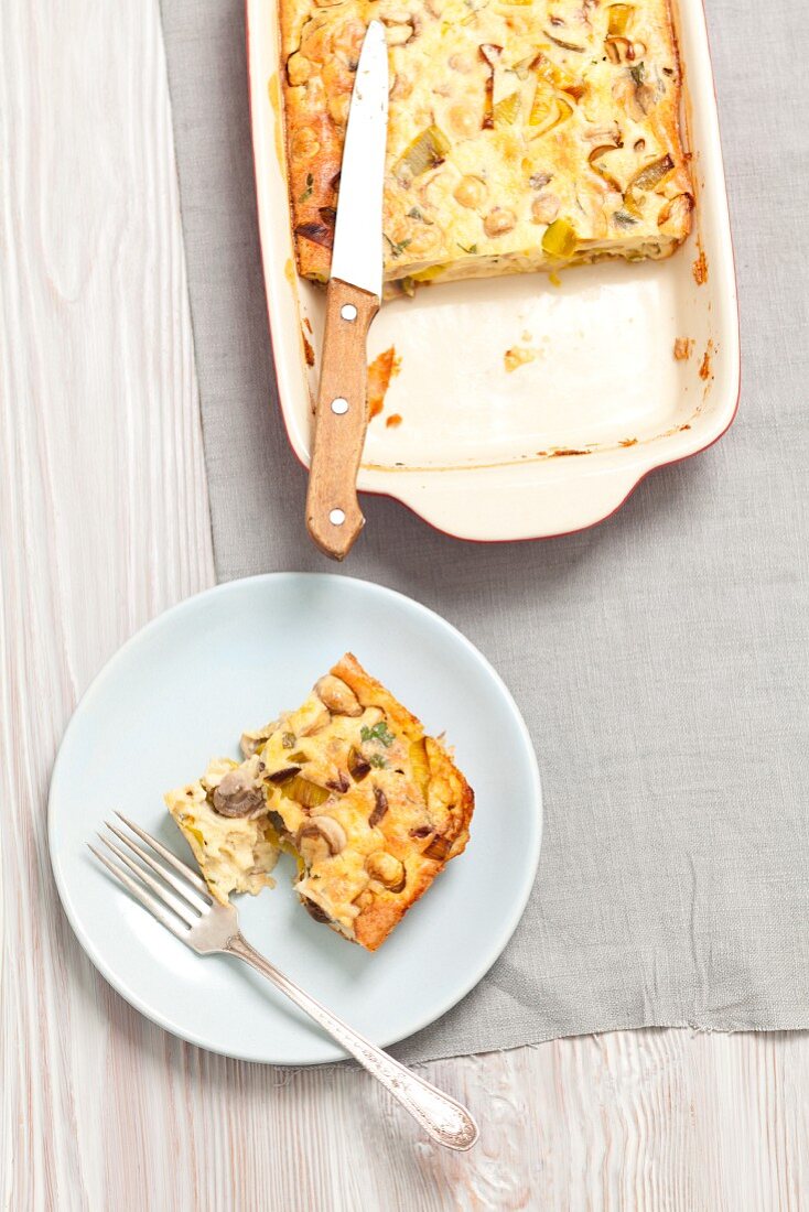 Mushroom and leek bake, sliced