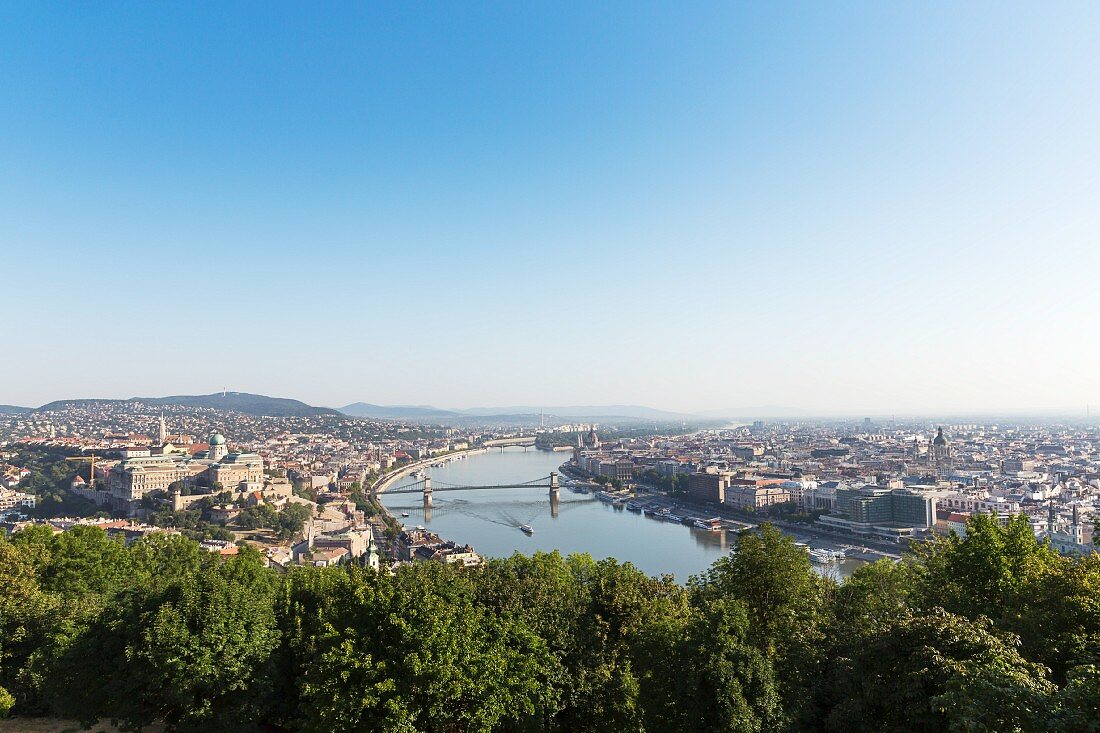 A view from Gellért Hill of the Danube with the Chain Bridge, Budapest, Hungary