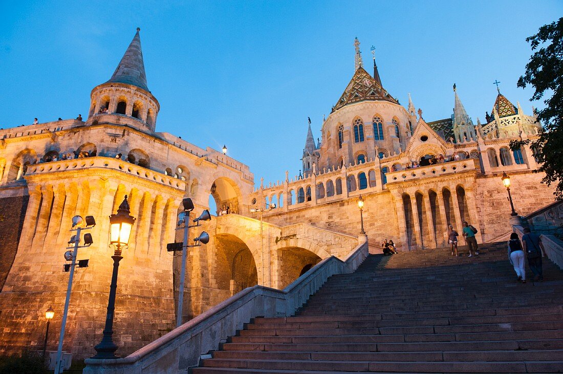 The fishermen's bastion at dusk, constructed between 1895 and 1902 in the neo-romantic style, Budapest, Hungary