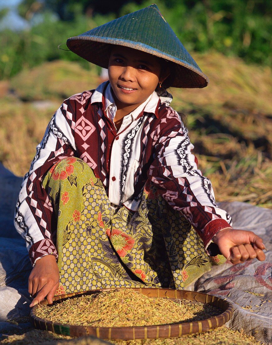 Junge Frau bei der Weiterverarbeitung von frisch geerntetem Reis; Lombok, Indonesien