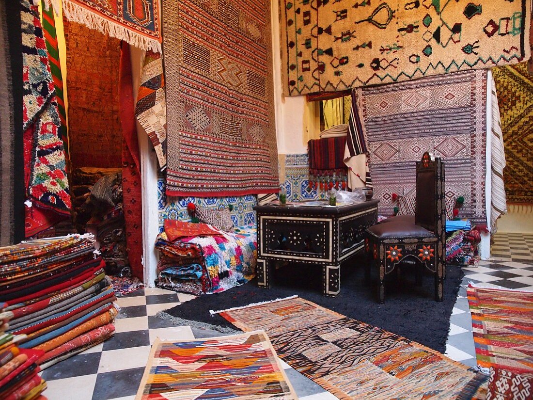 The sales room in a rug shop in the Medina of Asilah, Morocco