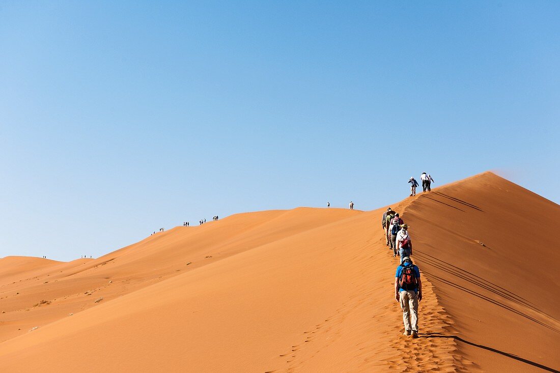 Touristen in den Sanddünen am Sossusvlei in der Namib-Wüste - Teil des Naukluft-Nationalparks, Namibia, Afrika