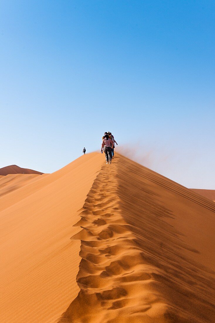 Touristen in den Sanddünen am Sossusvlei in der Namib-Wüste - Teil des Naukluft-Nationalparks, Namibia, Afrika