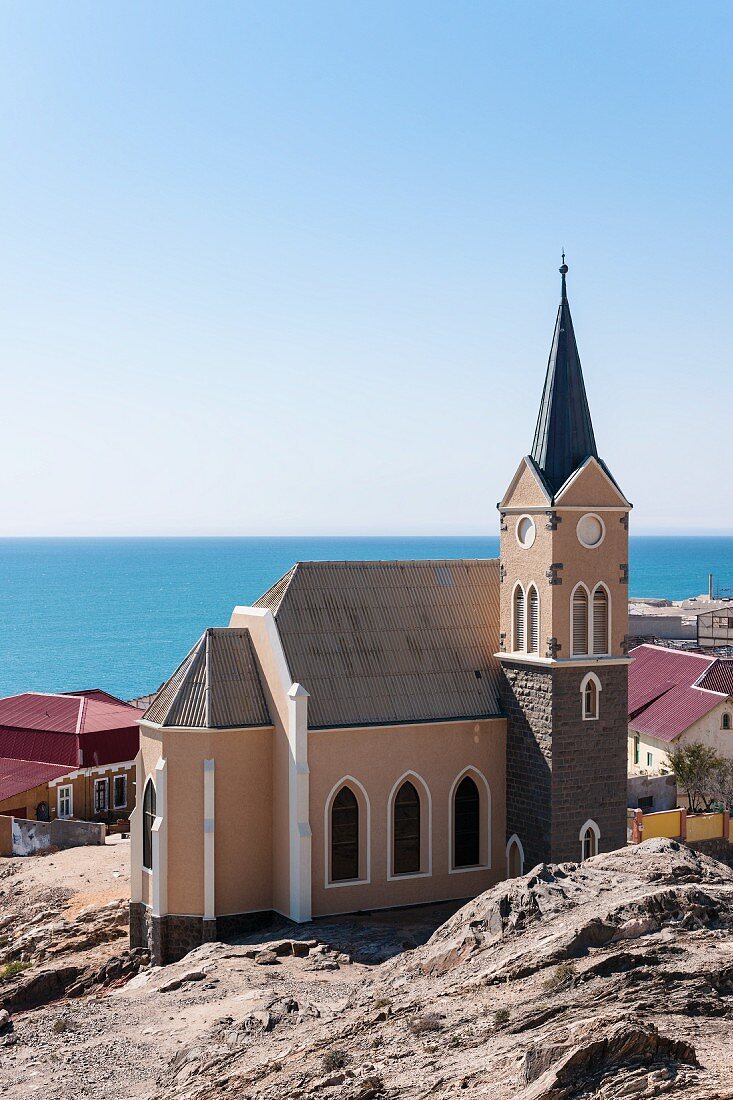 The monolithic church on the Diamantberg is the most famous landmark of Lüderitz, Namibia, Africa