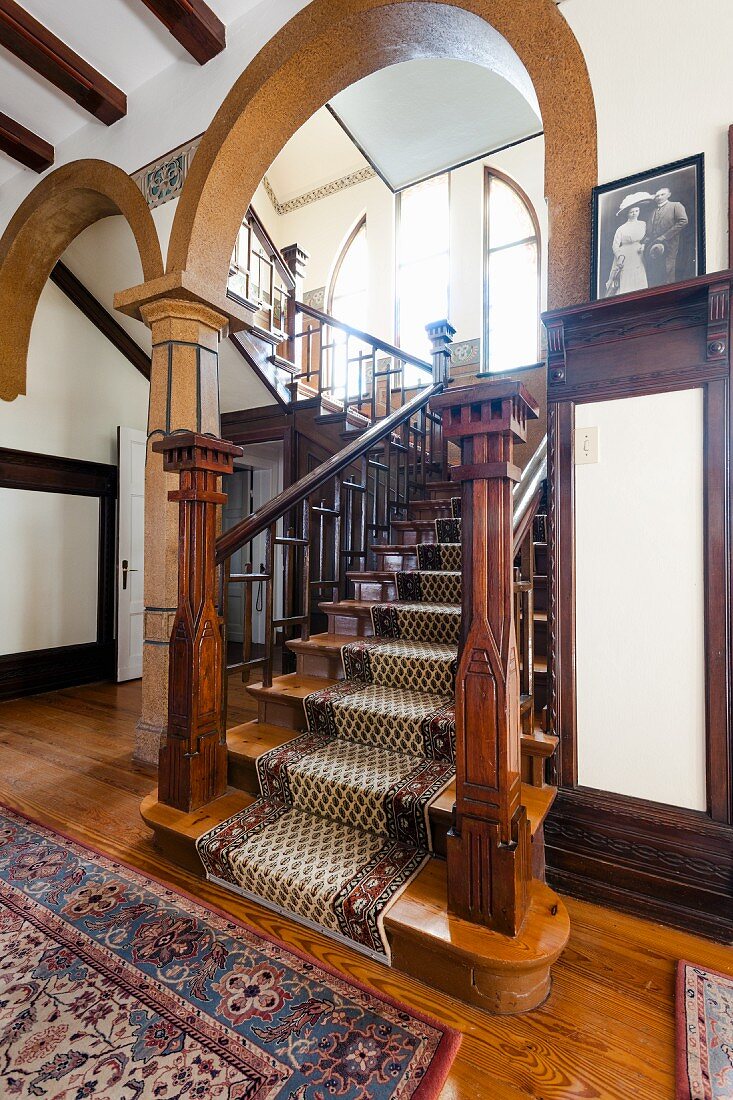 A flight of stairs in the Goerke House, one of the most elaborate colonial buildings in Lüderitz, Namibia, Africa