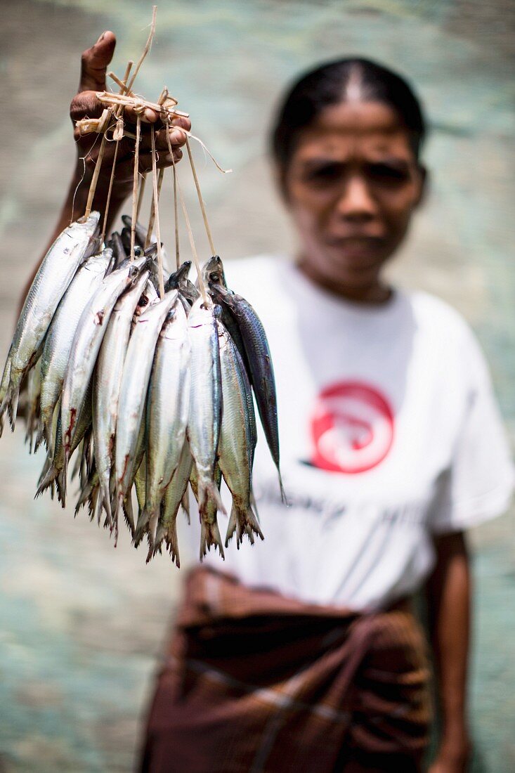Frau verkauft Fisch in Sumba, Indonesien, Südostasien, Asien