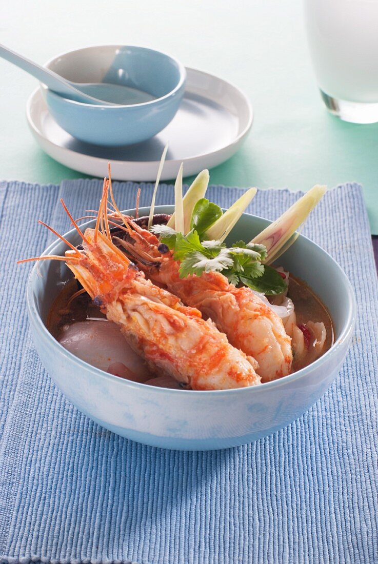 Spicy-sour soup with prawns and young coconut (Thailand)
