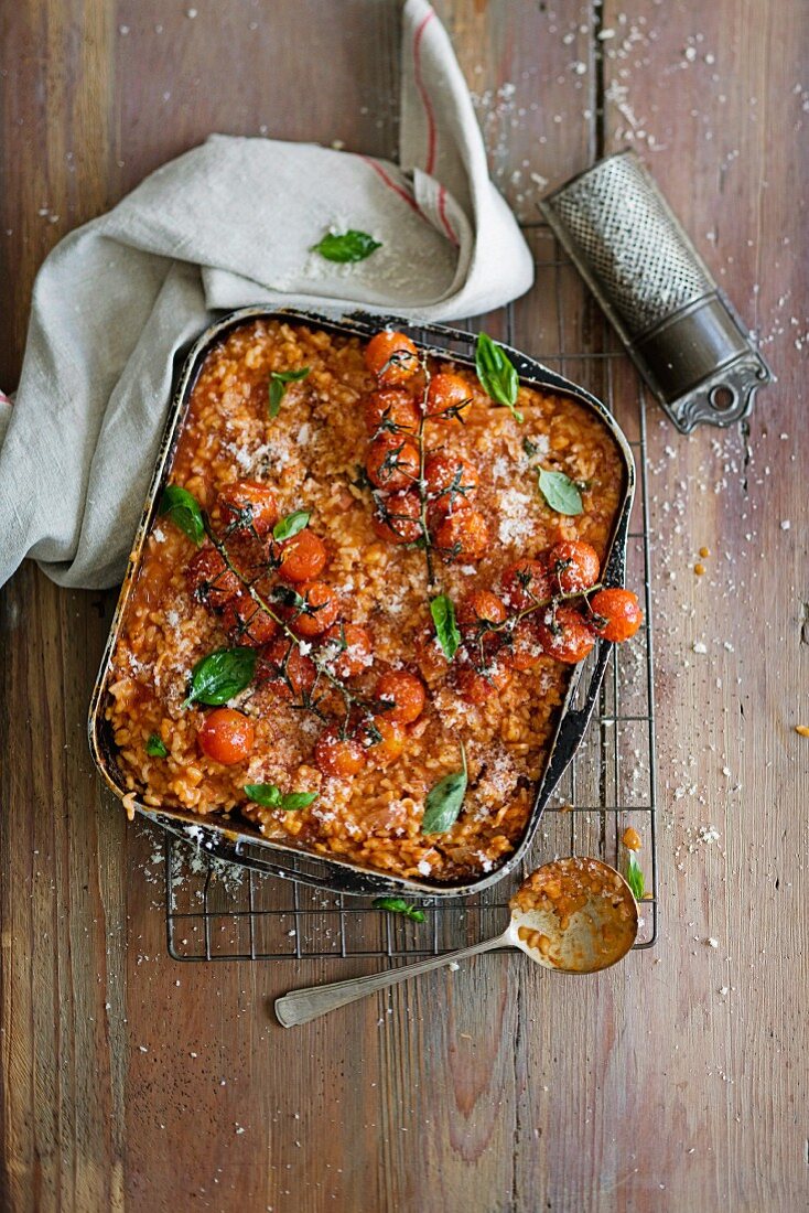 Roasted tomatoes, bacon and basil baked risotto