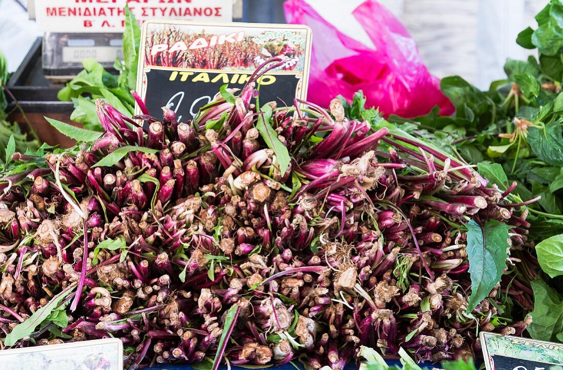A pile of radiccio at a market in Greece