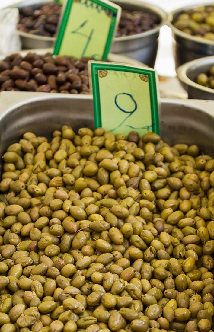Pickled olives on a market stall