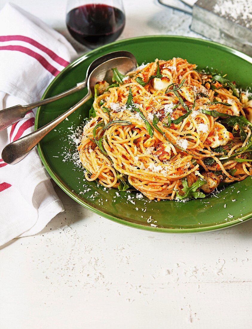 Spaghetti mit rotem Pesto, Rucola und gebackenem Halloumi