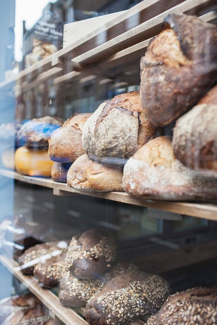 Various types of bread in the window of a bakery (close-up)
