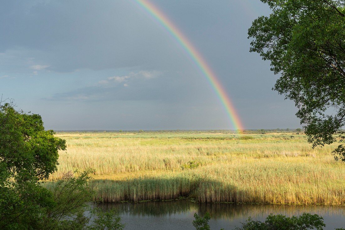 A rainbow over the flood plain of the flood plain of the Kwando River, Namibia
