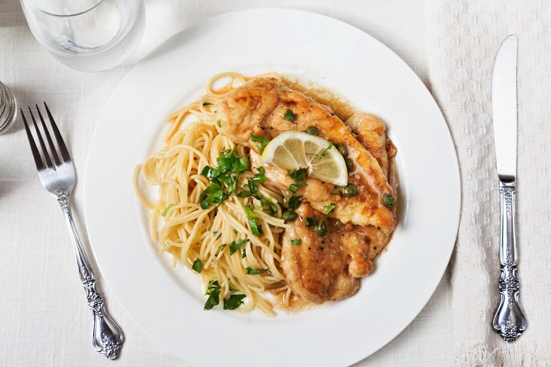 Chicken picatta with linguine