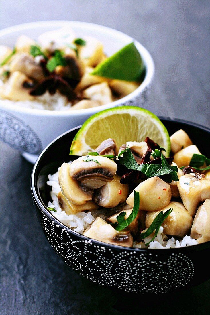 A bowl of mushroom and coconut milk curry on a bed of rice