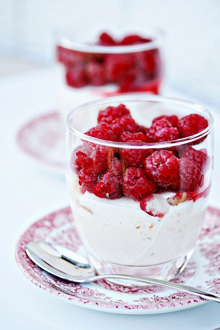 Joghurt-Mousse mit frischen Himbeeren auf Vintage-Teller