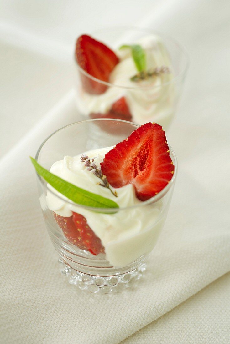 Fresh strawberries in white chocolate cream