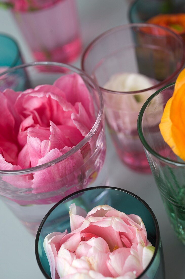 Spring flowers in colourful, vintage glasses decorating table