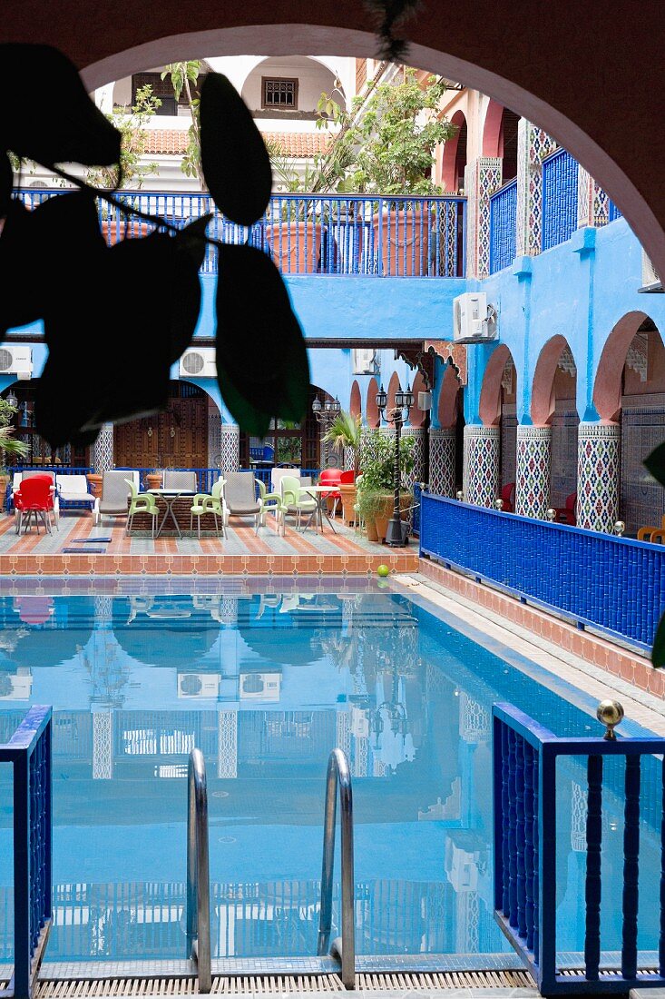 A courtyard with a pool in the Hotels Riad Moulay Said in Rue Riad Zitoun Lakdim, Medina Marrakesh, Morocco
