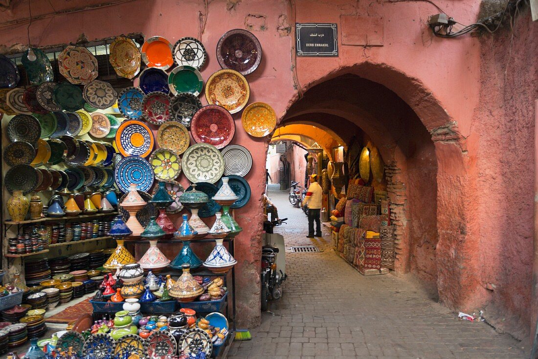 Ceramics for sale in a souk in the Medina of Marrakesh, Morocco