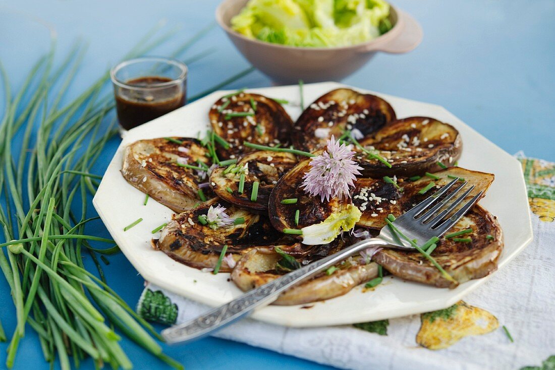 Grilled aubergine slices within miso-mirin sauce