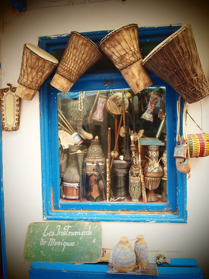 Handicrafted musical instruments for sale in the Medina of Essaouira, Morocco