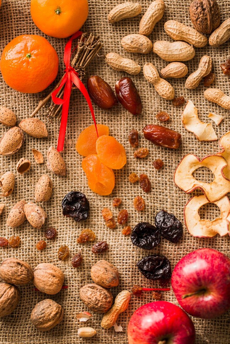 Nuts and dried fruit on a hessian sack
