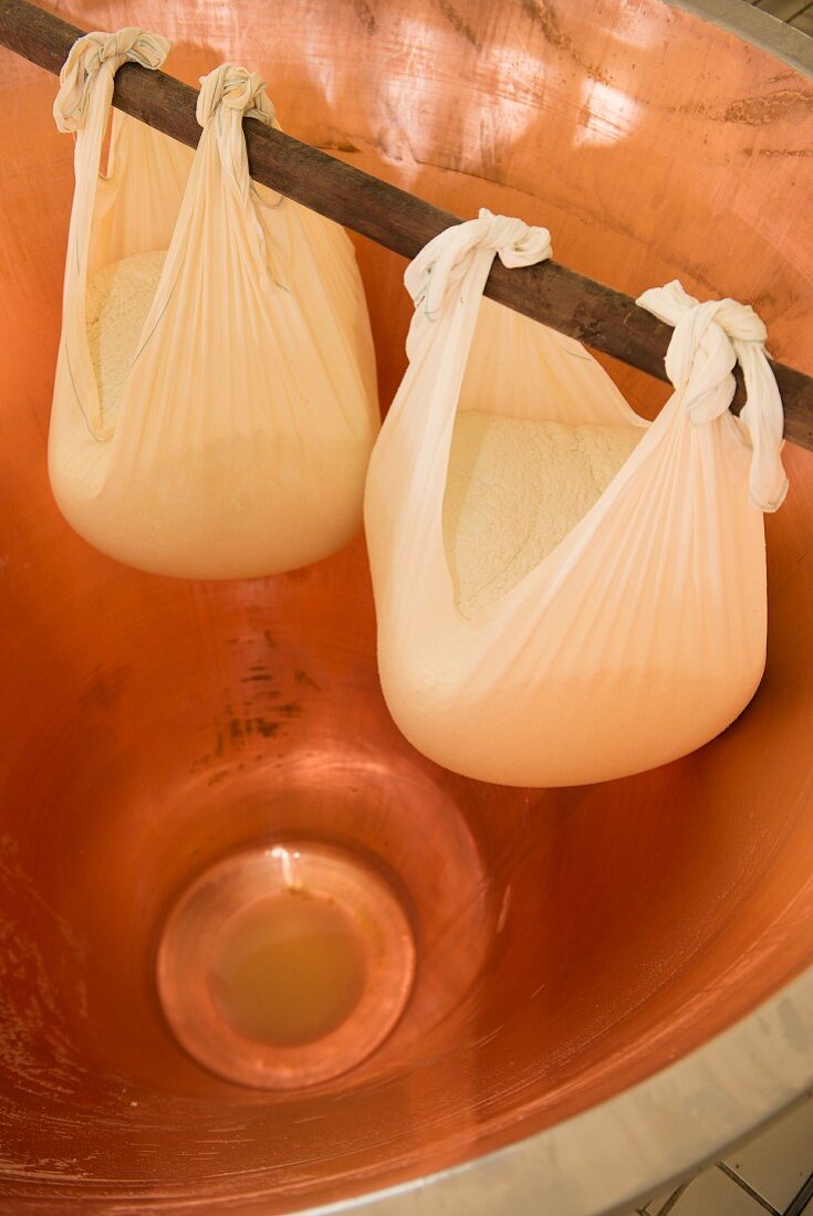 Cheese curd in linen cloths being drained