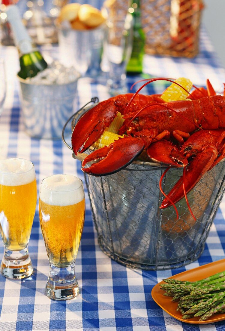 A picnic with lobster and beer