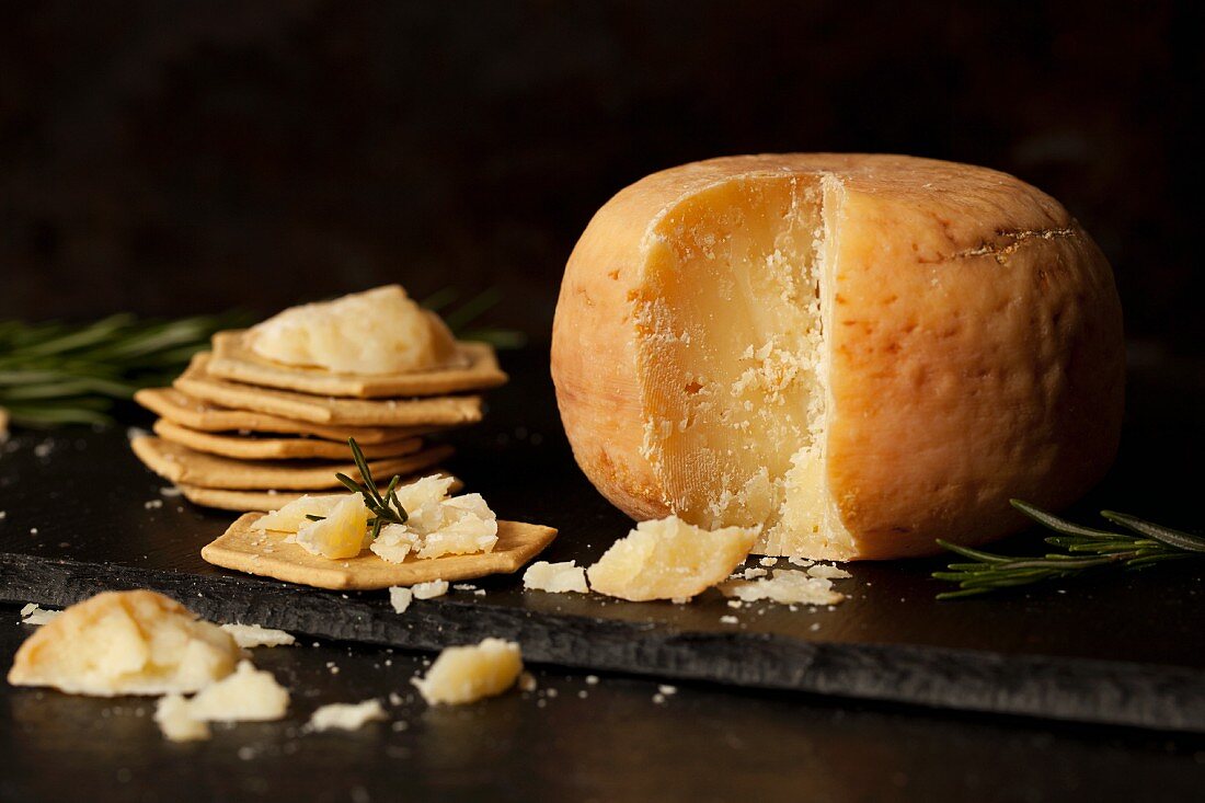 A wheel of Pecorino cheese with crackers and rosemary