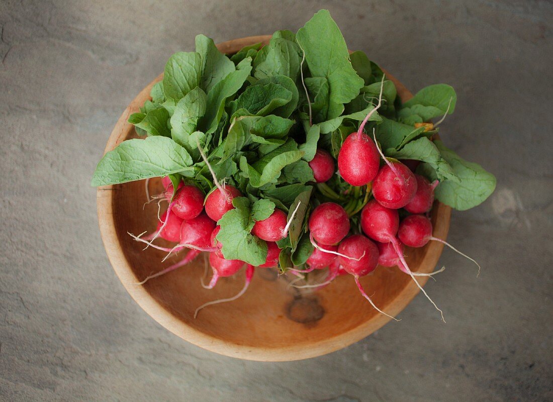 Two bunches of radishes in a wooden bowl