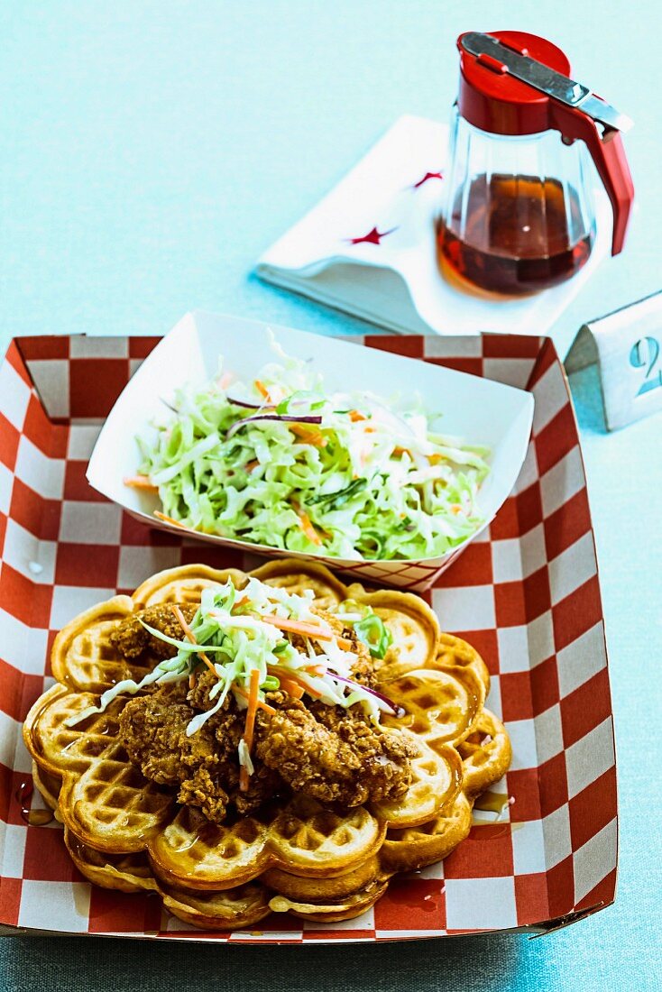 Buttermilk waffles with popcorn chicken