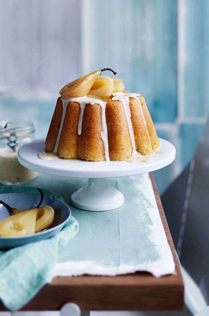 Steamed vanilla pudding with pears and creme anglaise