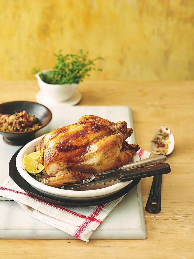 Roast chicken with hazelnut-herb stuffing