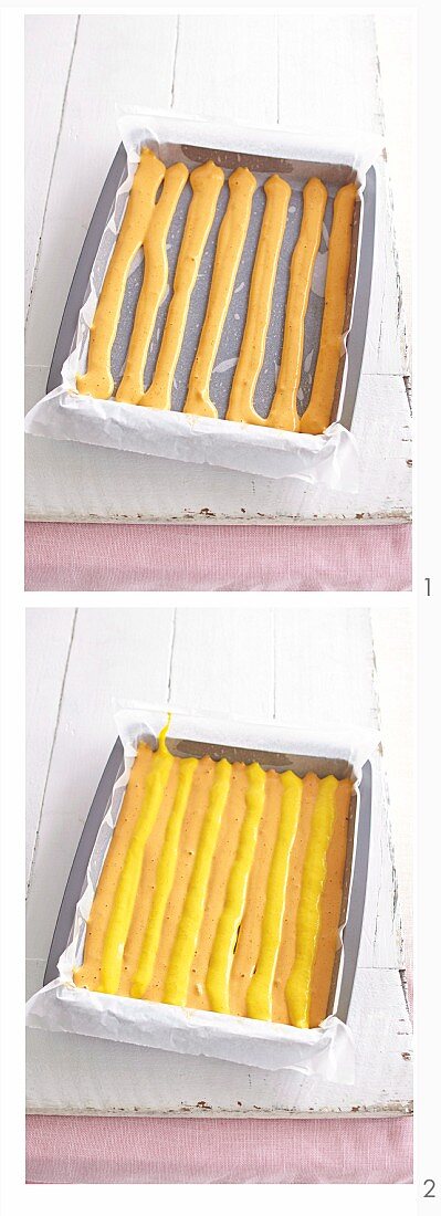 Prepare citrus chessboard roll - dough strips in baking tray