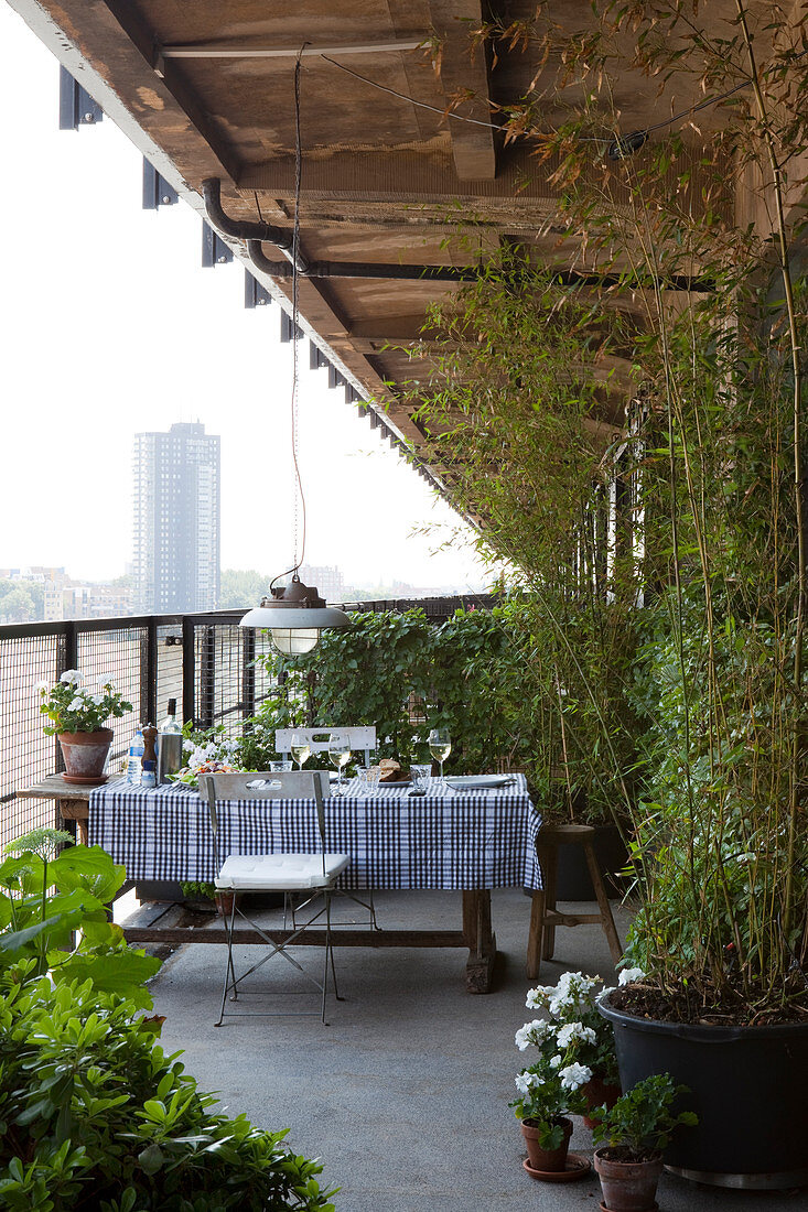 Table with black and white checked table cloth and potted plants on veranda with view of city